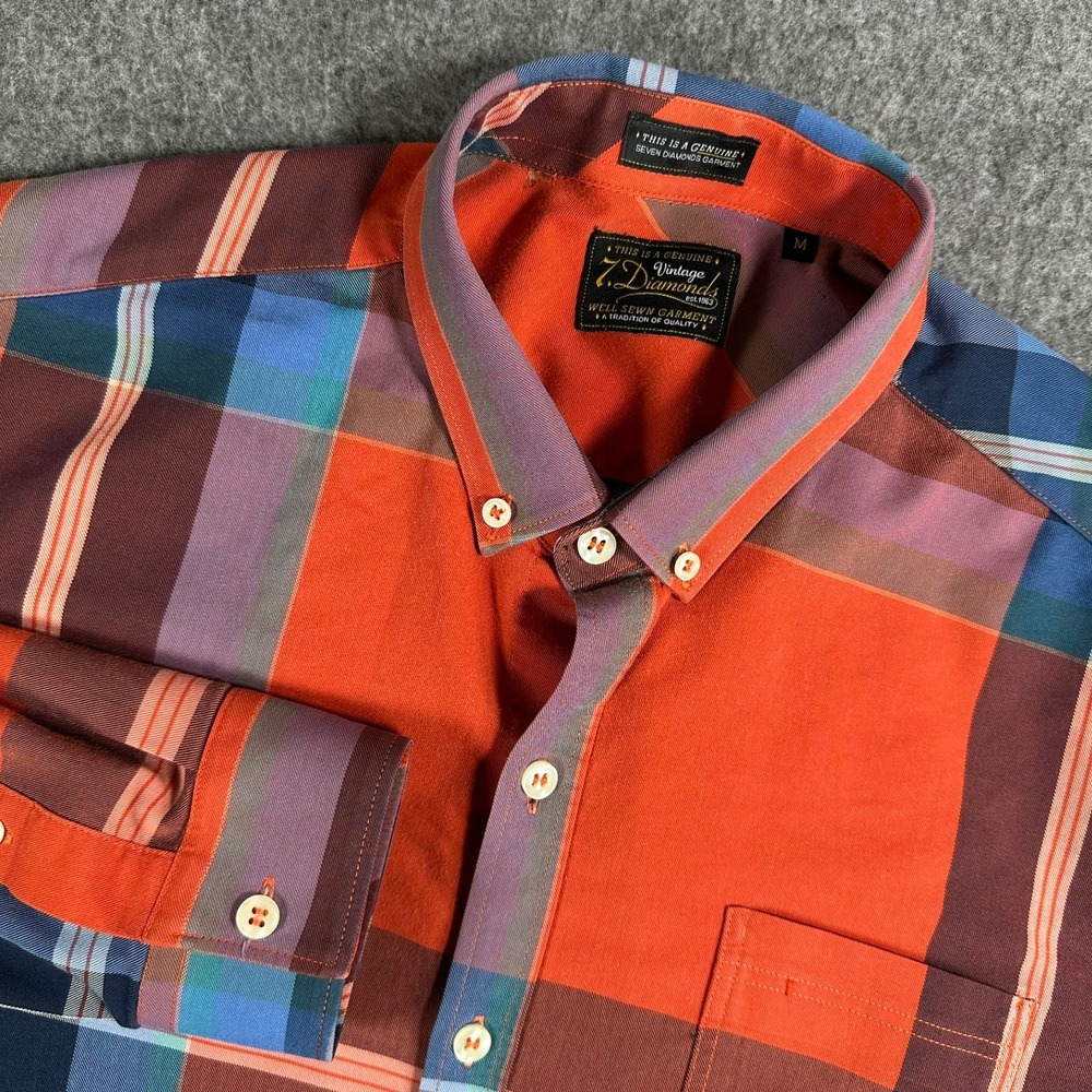Vintage 7 Diamonds Plaid‎ Button Down Shirt Men's Size Medium Orange Blue Purple